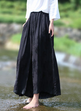 回馈！高级感超宽松拉风百搭黑色天丝提花阔腿长裙裤夏款显瘦休闲