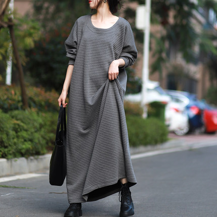 原创设计 高级灰休闲简约宽松显瘦大码袍子连衣裙2025秋长裙圆领