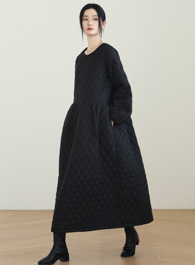 减龄气质加棉加厚黑色袍子连衣裙秋冬款原创设计宽松大码显瘦长裙