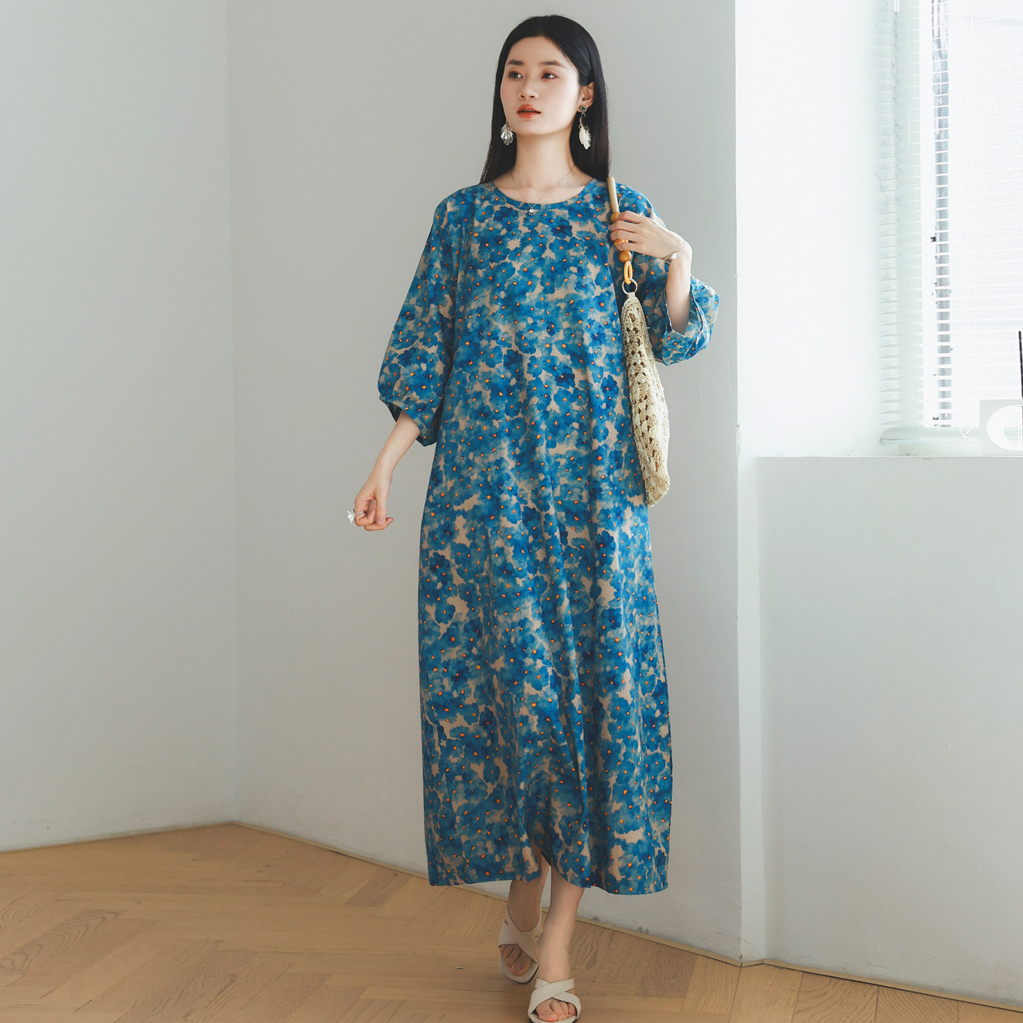 文艺高密印花旅行度假纯棉袍子连衣裙夏款原创设计宽松显瘦长裙女