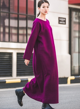 Miss原创 韵味紫色加厚秋冬袍子连衣裙 复古宽松显瘦羊毛呢大长袍
