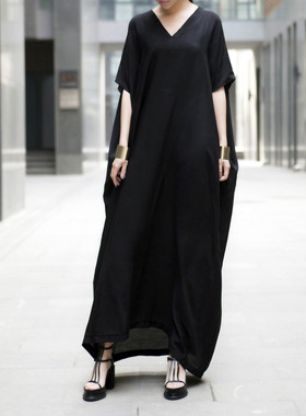 欧美街拍黑色袍子连衣裙夏原创设计文艺复古宽松显瘦棉绸长裙