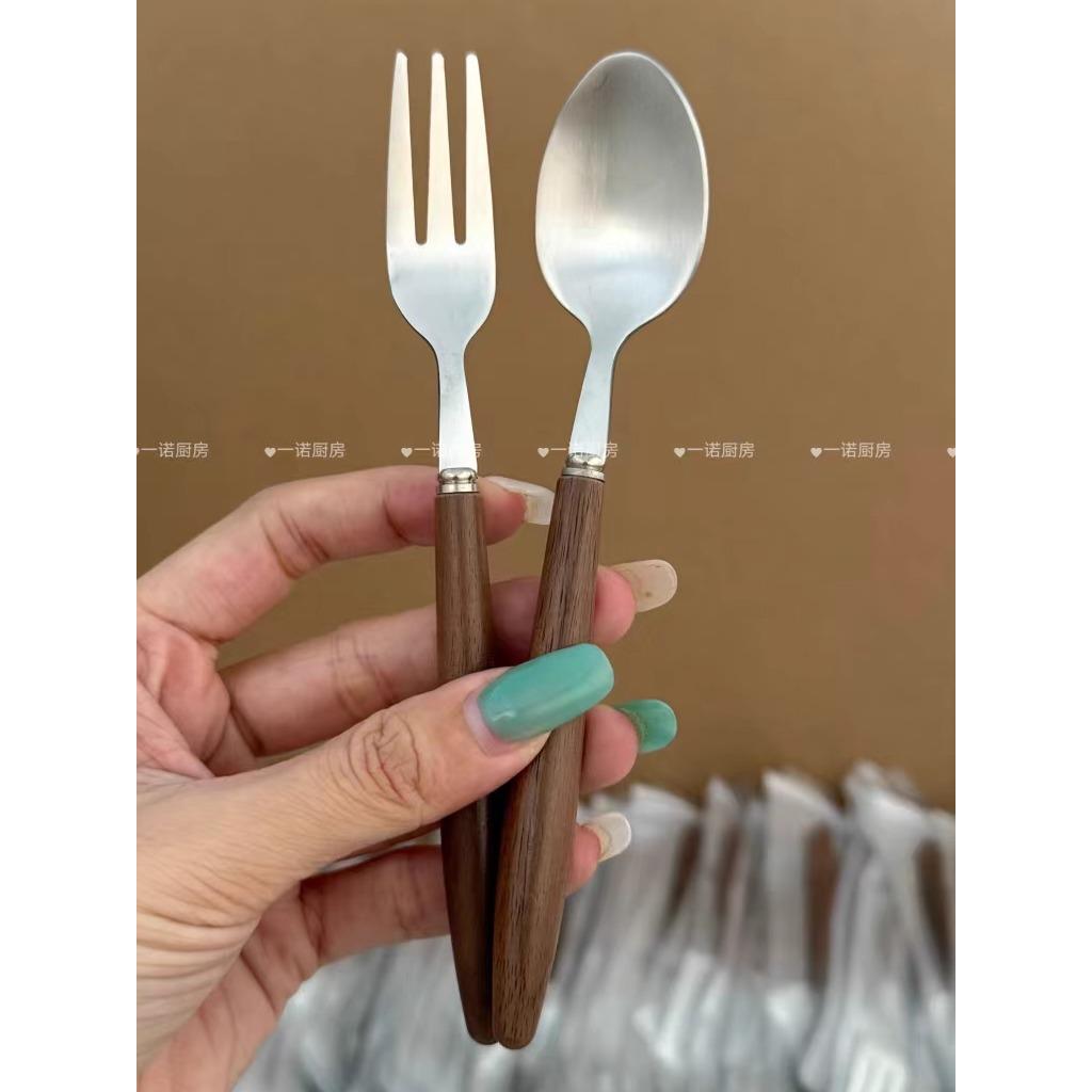 厨房甜品叉水果叉不锈钢家用轻奢小叉子木质餐具甜品蛋糕水果