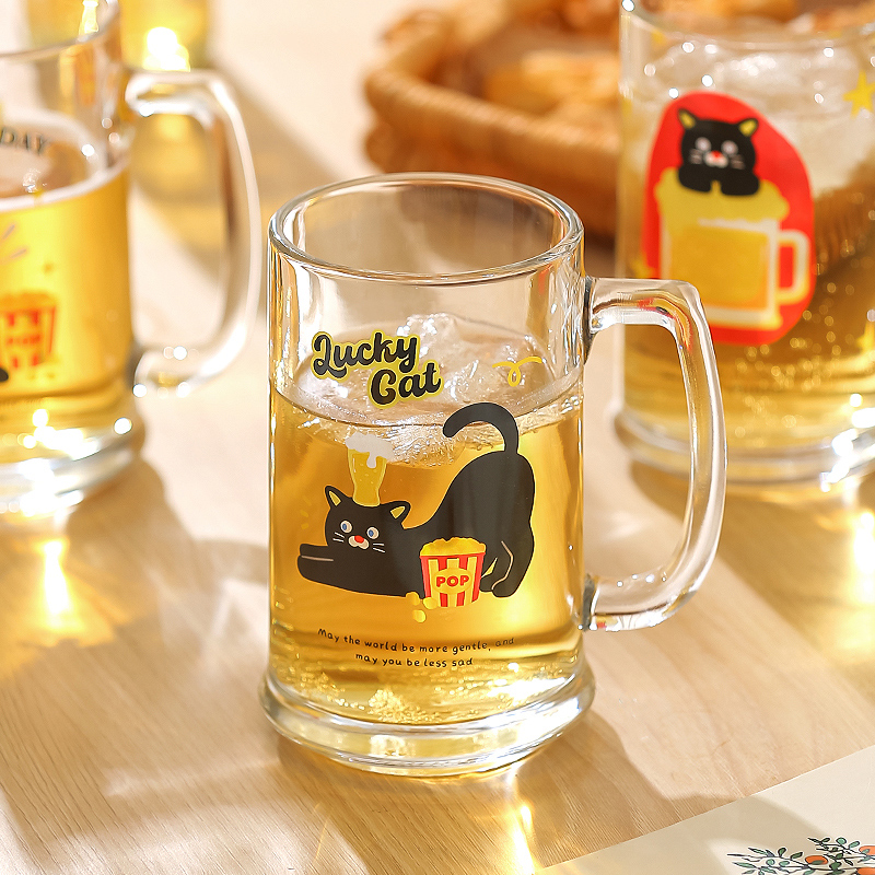 川岛屋原创黑猫啤酒杯女高颜值家用玻璃杯带把手水杯大容量果汁杯