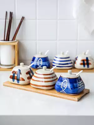 Kawajima Aohe Japanese ceramic seasoning jar seasoning box set kitchen seasoning jar salt jar household seasoning box