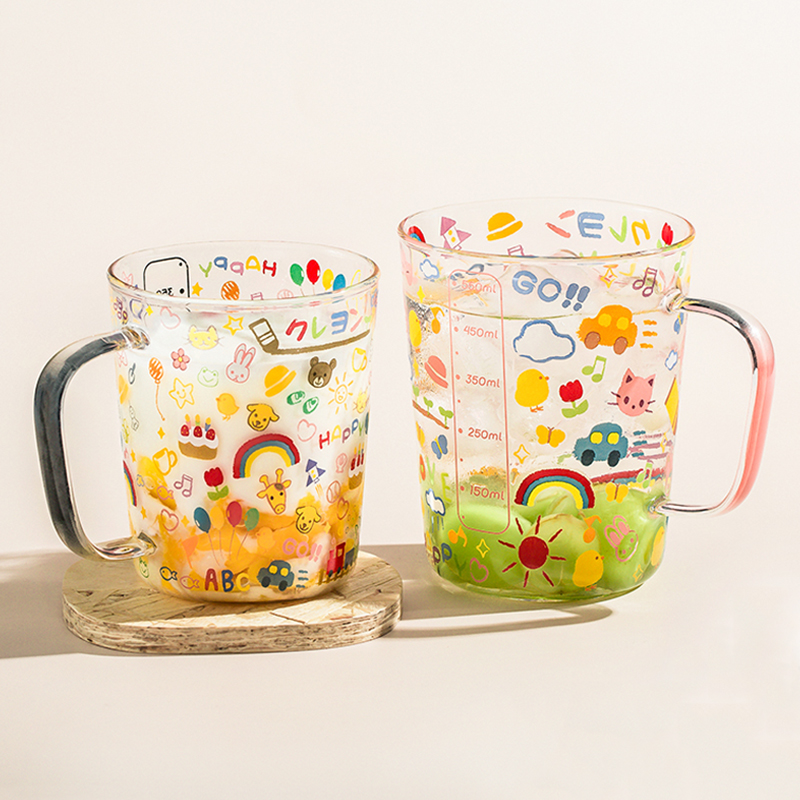 川岛屋高硼硅玻璃杯子女士可爱耐高温水杯儿童刻度牛奶早餐杯家用