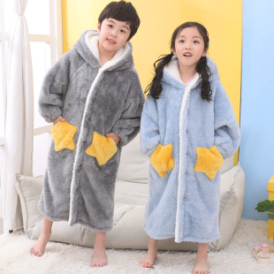 法兰绒儿童睡袍浴袍睡衣加厚款秋冬季星星款男童女童中大童家居服