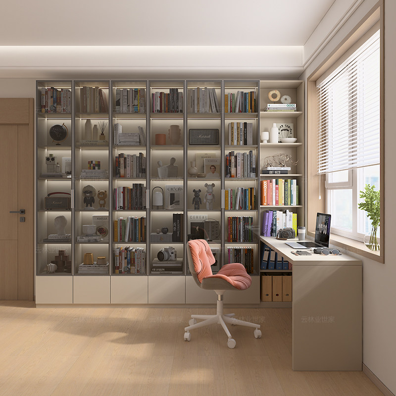 定制书房书柜一体整墙实木书橱轻奢带钢化玻璃门储物柜灯带展示柜