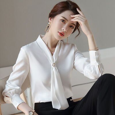 新款高档雪纺港风长袖蝴蝶结衬衫女百搭职业女装气质时尚上衣百搭
