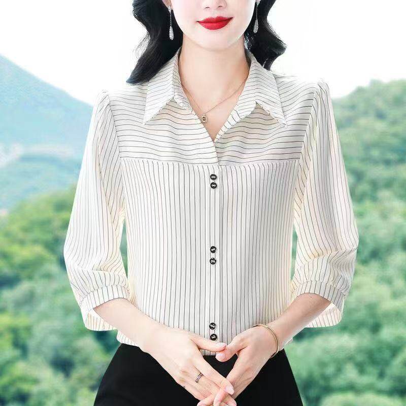 白色翻领竖条纹七分袖衬衫女通勤