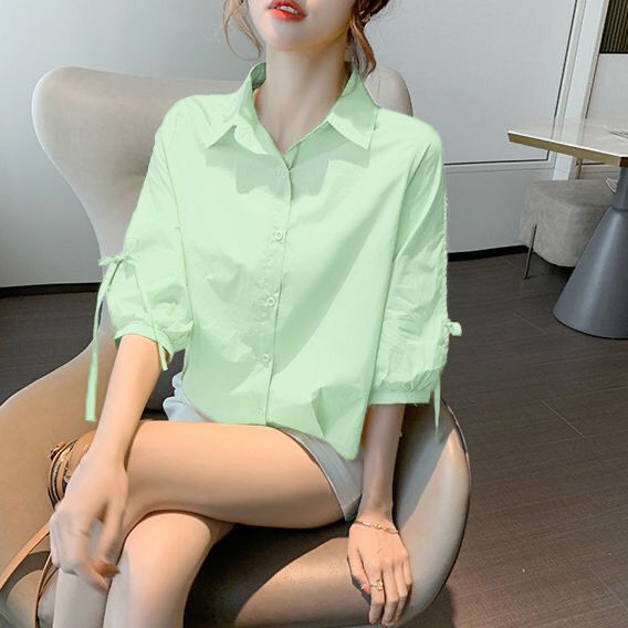韩版蝴蝶结女长袖绿色透气衬衫