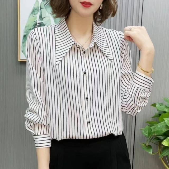 智性条纹长袖翻领白衬衫女百搭