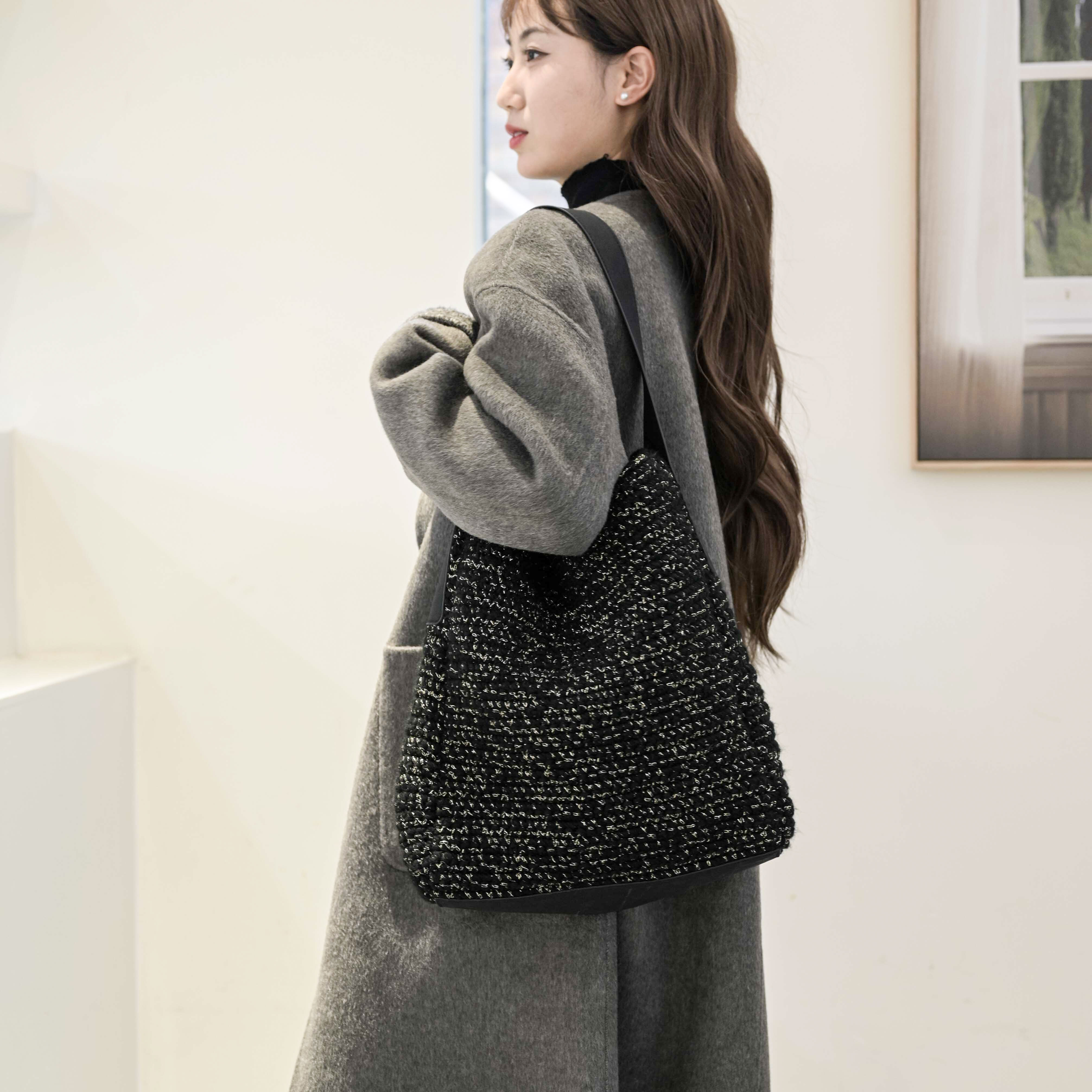 2025新款冬季毛线绳慵懒风百搭大女主气质风黑色托特包