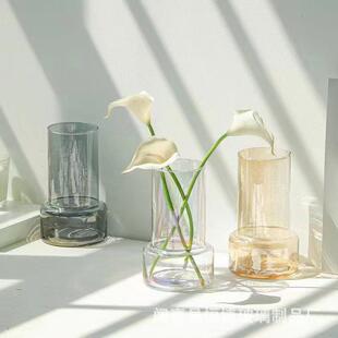 北欧ins风玻璃花瓶透明水养插花瓶家居饰品客厅电镀装 饰摆件