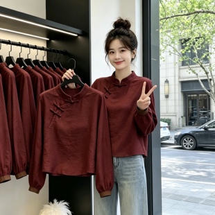 新中式立领盘扣长袖上衣女复古红色设计感减龄超好看时尚新款衬衫