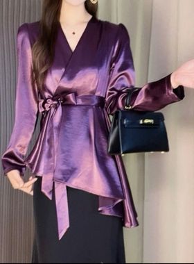 法式紫色缎面衬衫新款高级衬衣气质小众设计绑带收腰上衣不规则