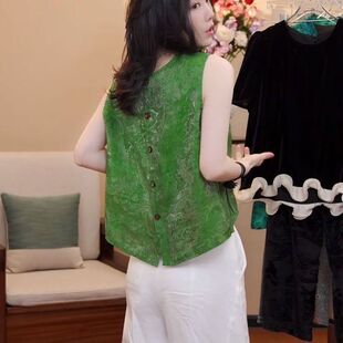 提花新中式 女轻奢高级感2025新款 国风上衣女 衬衫 后背纽扣绿色无袖