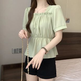 新款 上衣大码 夏季 气质显瘦方领短袖 女装 微胖妹妹收腰遮肚子雪纺衫