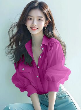 春夏季绿色泡泡风防晒半袖衬衫衬衣女款2025新款冷淡系高级感上衣