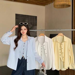 设计感衬衫 大码 纯色清纯休闲韩版 2026夏季 胖mm衬衣假两件上衣 女装