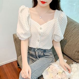 休闲衬衫 学院风方领褶皱设计感甜美小衫 百搭纯色短款 夏季 潮 新款