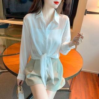雪纺长袖短款系带2025春新款百搭宽松薄款纯色显瘦防晒衬衫女外搭