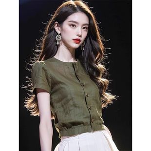 轻薄短袖 女士高级设计感众夏季 法式 衬衫 上衣 独特别致漂亮小衫 短款