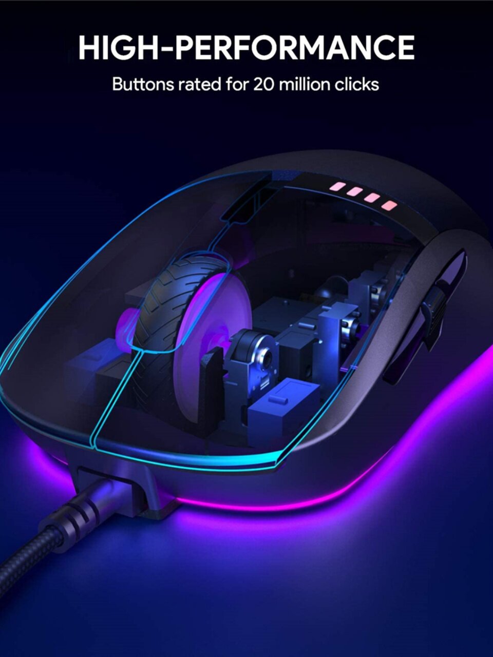 AUKEY F4 게임용 마우스 3325 칩 RGB 백라이트 유선 USB 소프트웨어 8 키 프로그래밍 가능 헛소리 왕