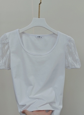 蕾丝拼接修身显瘦短袖T恤女2024夏装新款韩版设计感内搭打底衫潮