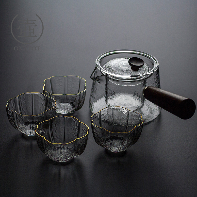 日式玻璃煮茶壶侧把透明木把锤纹