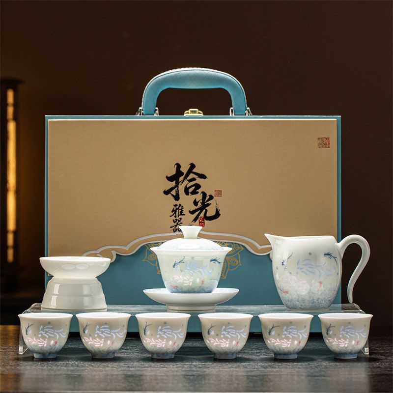 景德镇茶具套装手绘七彩玲珑陶瓷釉下彩功夫茶具盖碗茶壶茶杯礼品