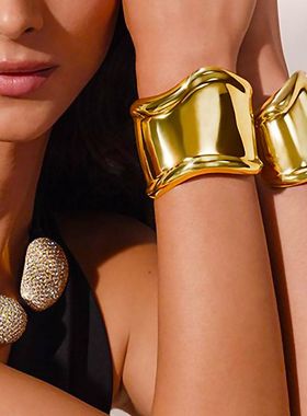 HTZS跨境新夸张朋克宽金属手镯手链 潮女金银两色个性时尚大牌范