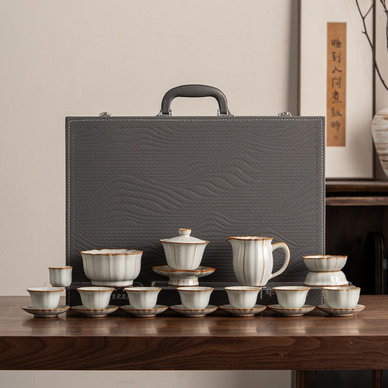 米黄汝窑功夫茶具套装轻奢复古中式陶瓷整套高档家用办公礼品批发