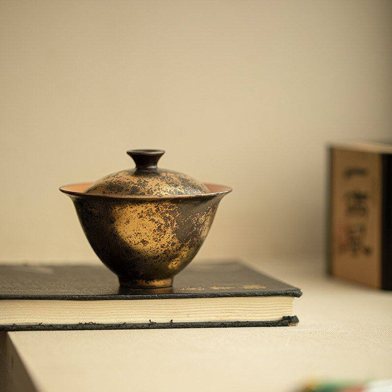 景德镇志野烧手工鎏金盖碗两才盖碗泡茶碗复古陶瓷茶具功夫茶碗