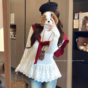 韩系气质蕾丝花边长袖 慵懒松弛叠穿皮帘上衣 内搭T恤女春秋打底衫