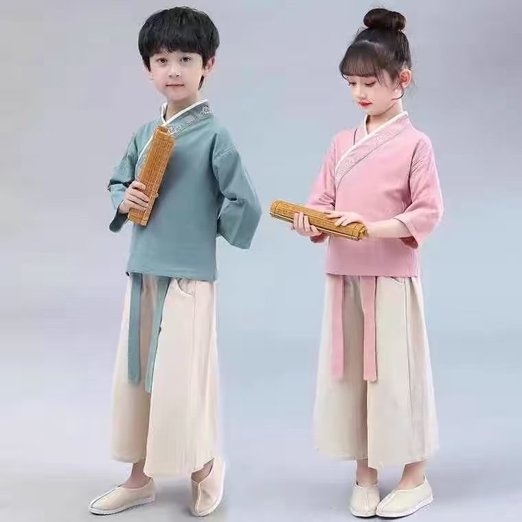 儿童春夏中国风棉汉服男童女童书童国学服儿童公主裙小学生演出服