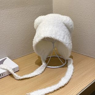 可爱小熊帽子耳朵秋冬秋冬季新款显脸保暖毛线帽大头毛绒护耳针织