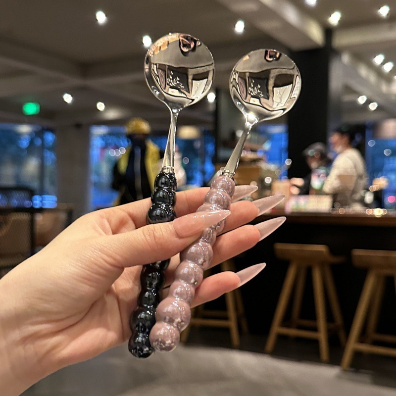 轻奢珍珠仿陶瓷手柄不锈钢ins高级感精致小勺子吃饭汤勺