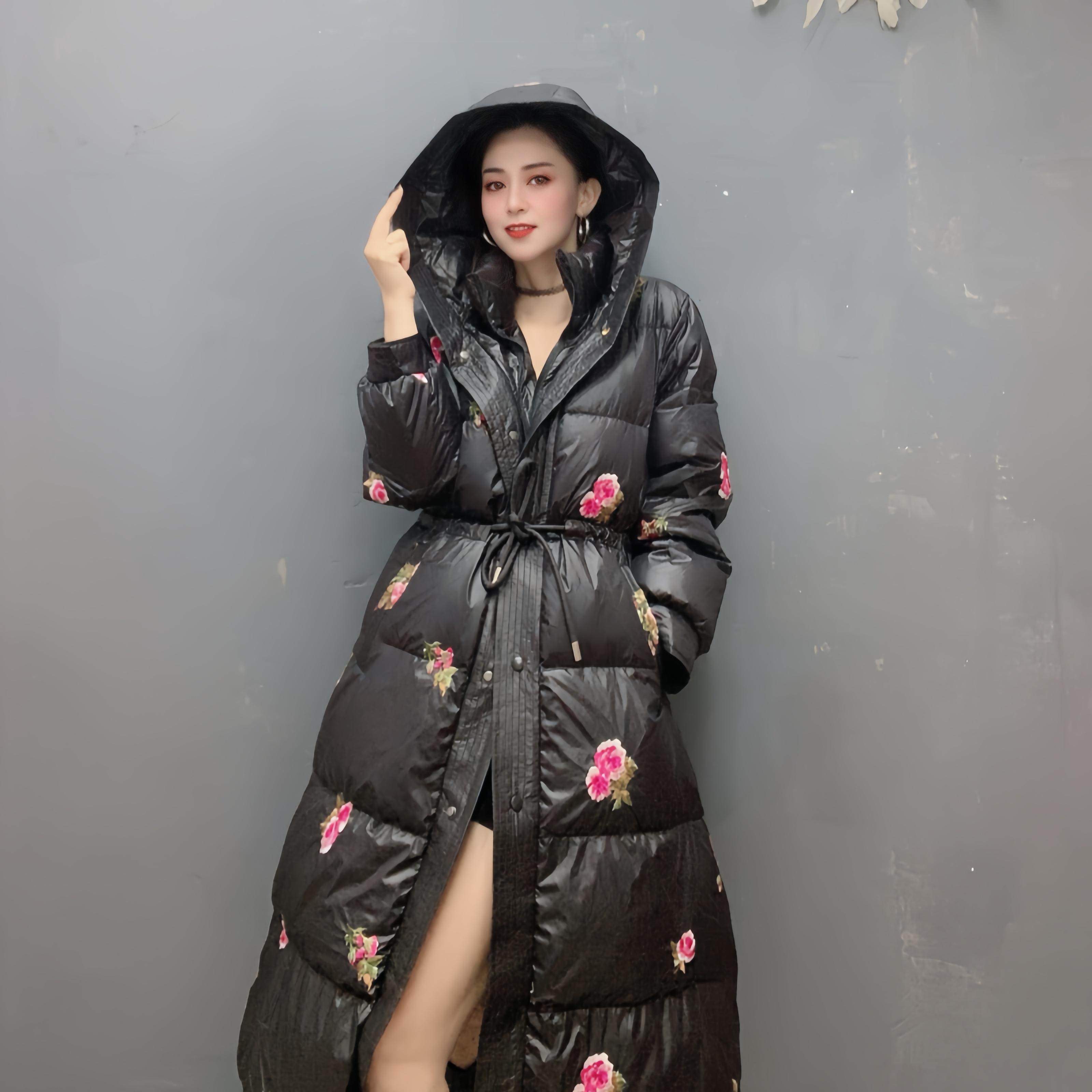 大码宽松收腰中长款过膝高端刺绣轻薄保暖白鸭绒加厚羽绒服外套女,女装/女士精品,羽绒服,淘宝优惠券,粉丝福利购,淘宝优惠卷