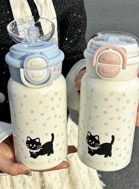 小猫咪不锈钢波点保温杯女生2024学生吸管高颜值猫猫可爱保温水杯