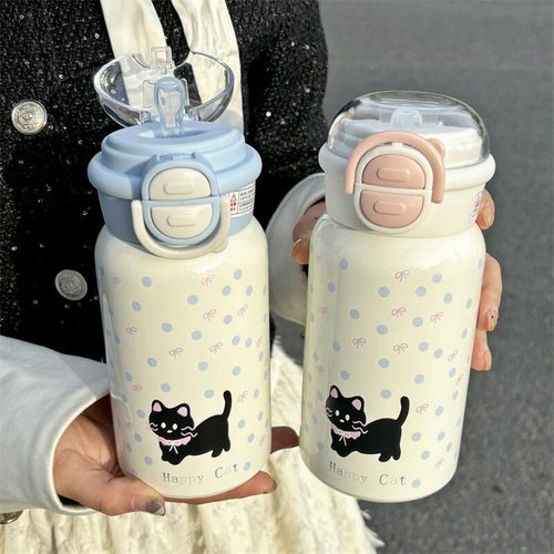 小猫咪不锈钢波点保温杯女生2024学生吸管高颜值猫猫可爱保温水杯