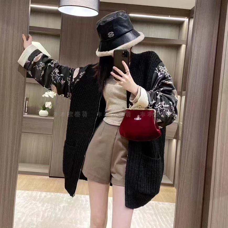 重工刺绣花朵中国风民族拼接针织毛衣黑色短款宽松外套开衫女