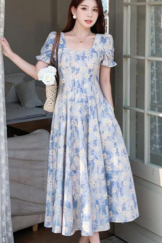 大码胖mm法式蓝色油画碎花连衣裙女2025夏季新款高级感度假裙子潮