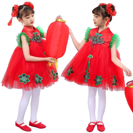 六一儿童说唱中国红喜庆演出服女开门红灯笼梦娃舞蹈蓬蓬裙表演服