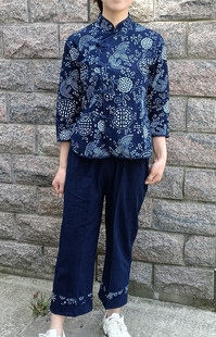 蓝印花布长袖 乌镇民族风女装 上衣 斜襟中式 演出服餐厅工作服 衬衫