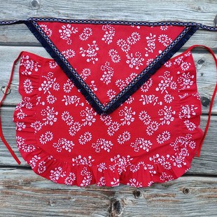 舞蹈围裙小碎花红色花边围裙民族风表演幼儿演出采茶成人半身围裙