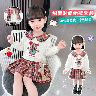 女童连衣裙春装女宝宝春秋可爱韩版娃娃领假两件小熊格子卫衣裙子