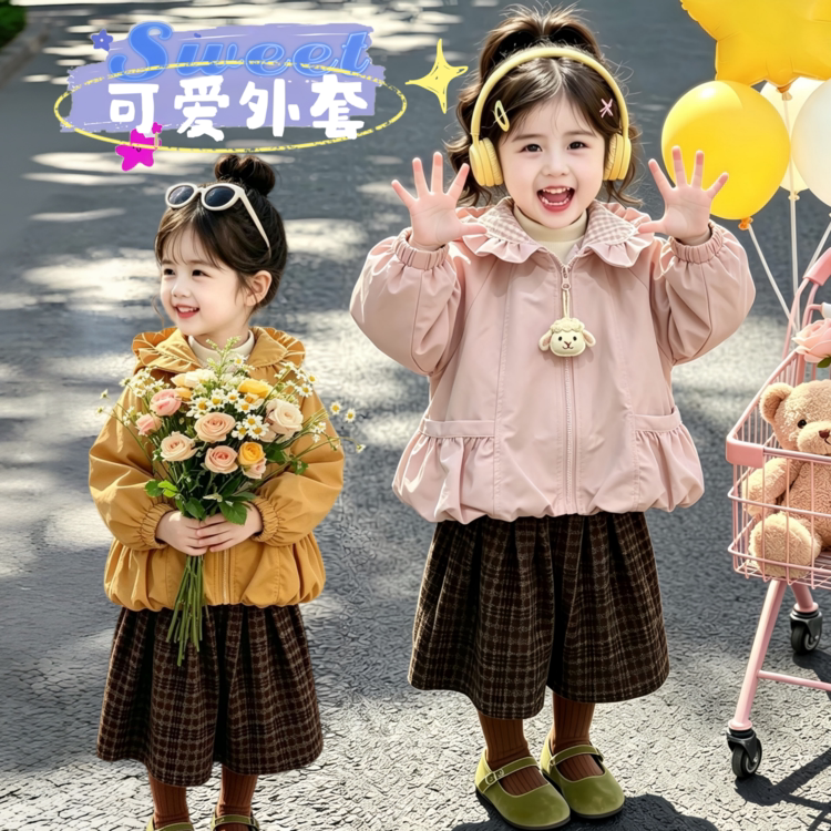 女童春秋外套女宝可爱甜美立体翅膀花边连帽风衣夹克小女孩秋装