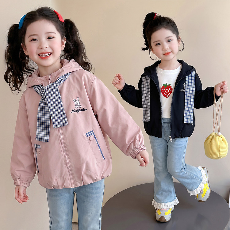 女童春秋外套女宝可爱小兔子连帽插袋披肩风衣夹克小女孩秋装上衣
