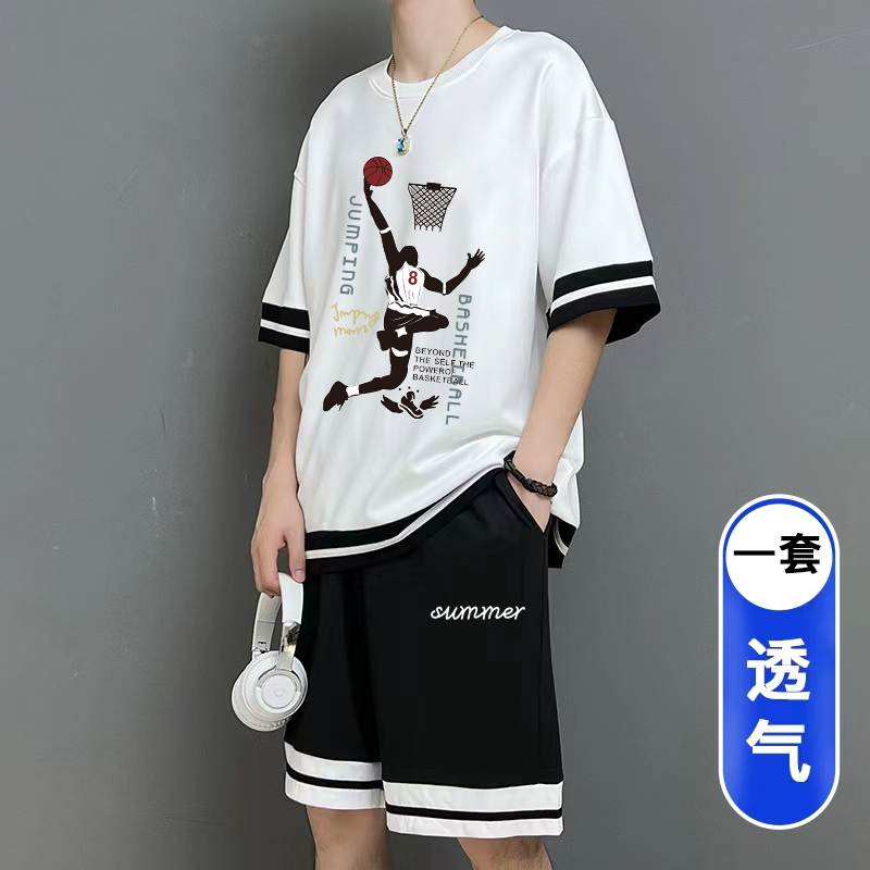 青少年冰丝短袖T恤12初中学生15岁男孩运动套装13大童潮牌夏装14